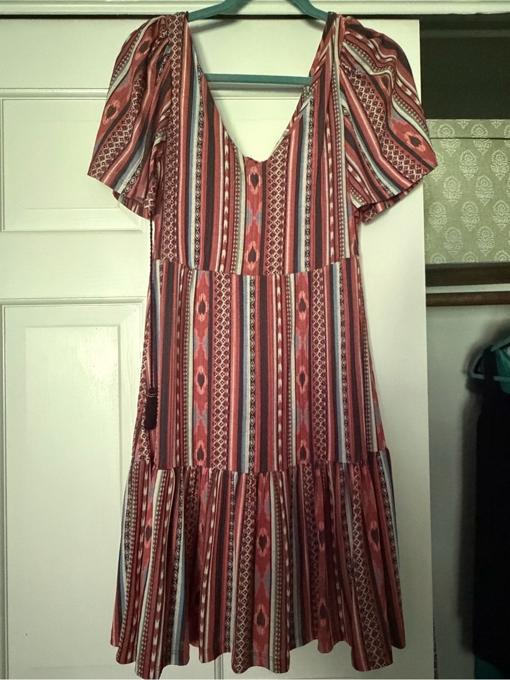 Rust Multi-Stripe V-Neck Tiered Midi Dress